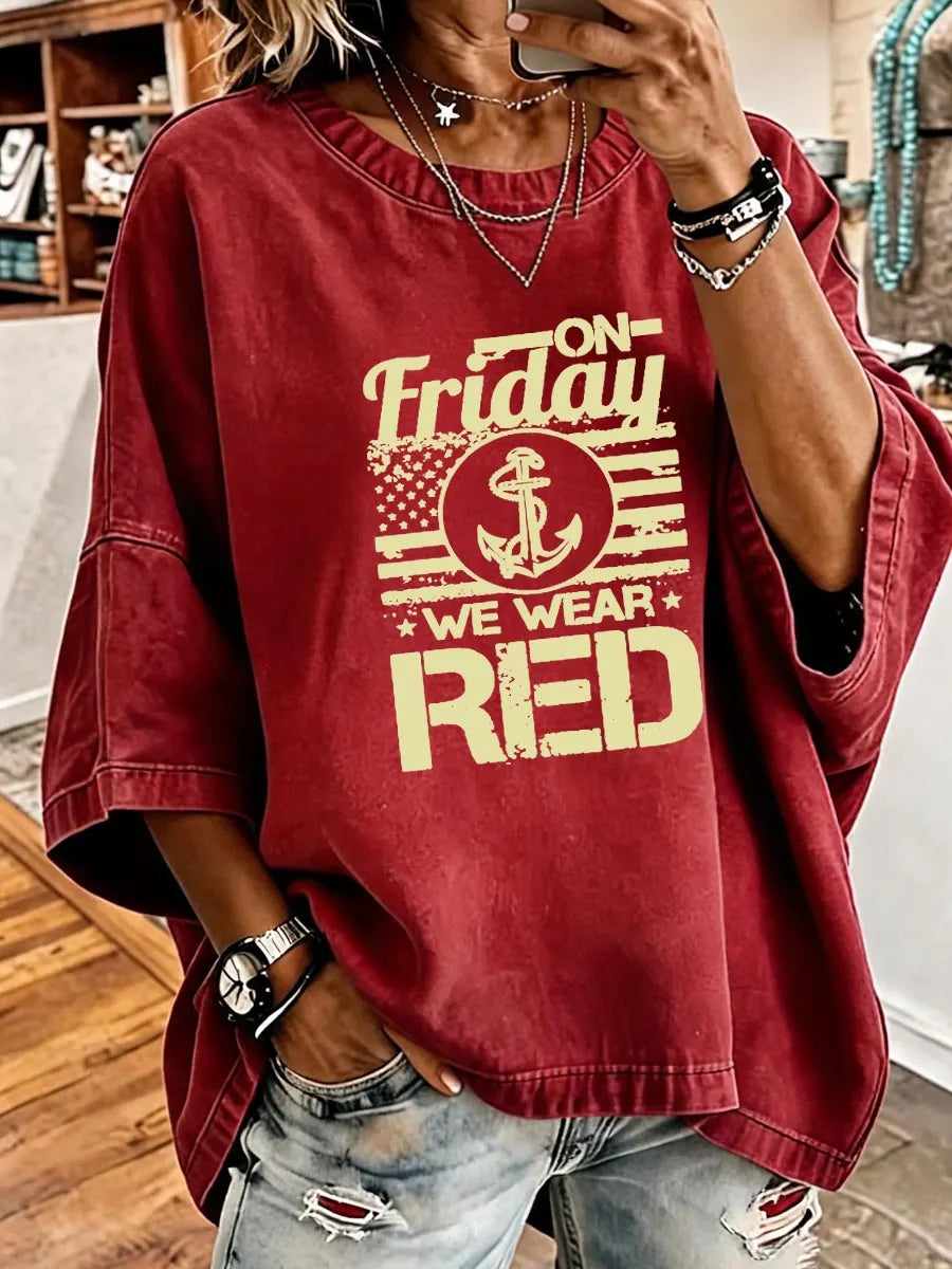 Women's Vintage Distressed Washed  Red Friday Pattern Oversized T-Shirt
