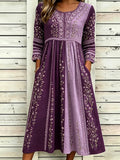 Women's Floral And Lace Art Splicing Purple Washed Cotton Linen Casual Long Sleeve Round Neck Dress