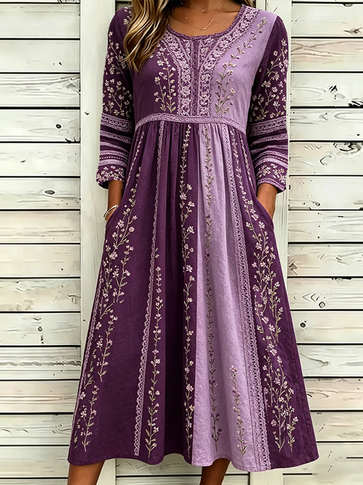 Women's Floral And Lace Art Splicing Purple Washed Cotton Linen Casual Long Sleeve Round Neck Dress