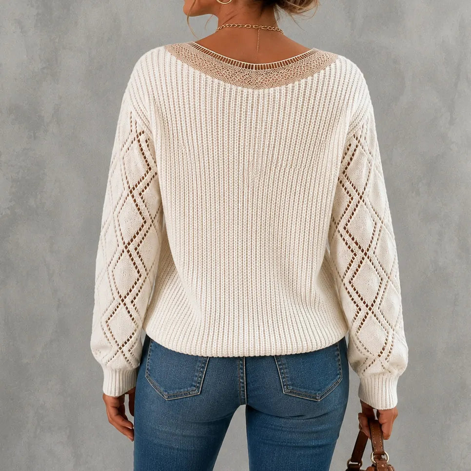 Elegant Lace-trimmed V-neck Long-sleeved Pullover Knit Sweater