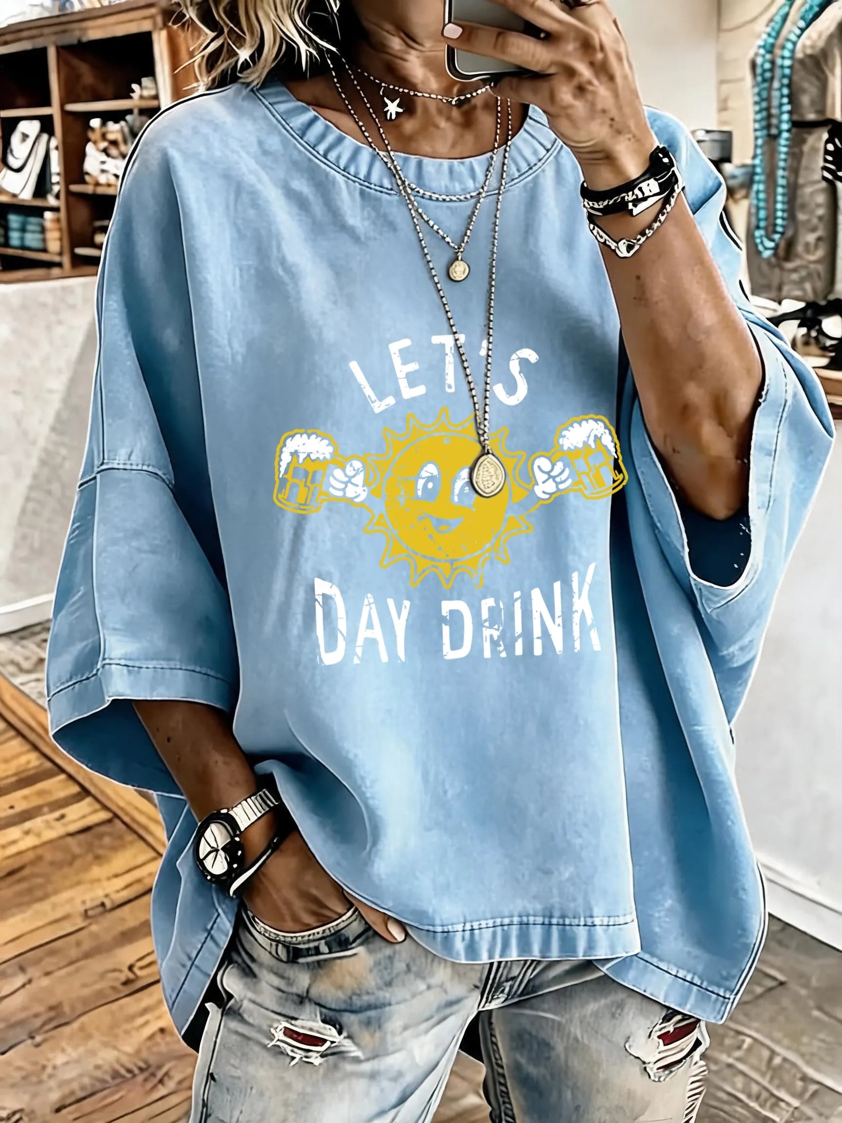 Women'S Vintage Distressed Washed Lets Day Drink Oversized T-Shirt