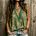 Women's Retro Floral Pattern Crew Neck Linen Blend Tank Top