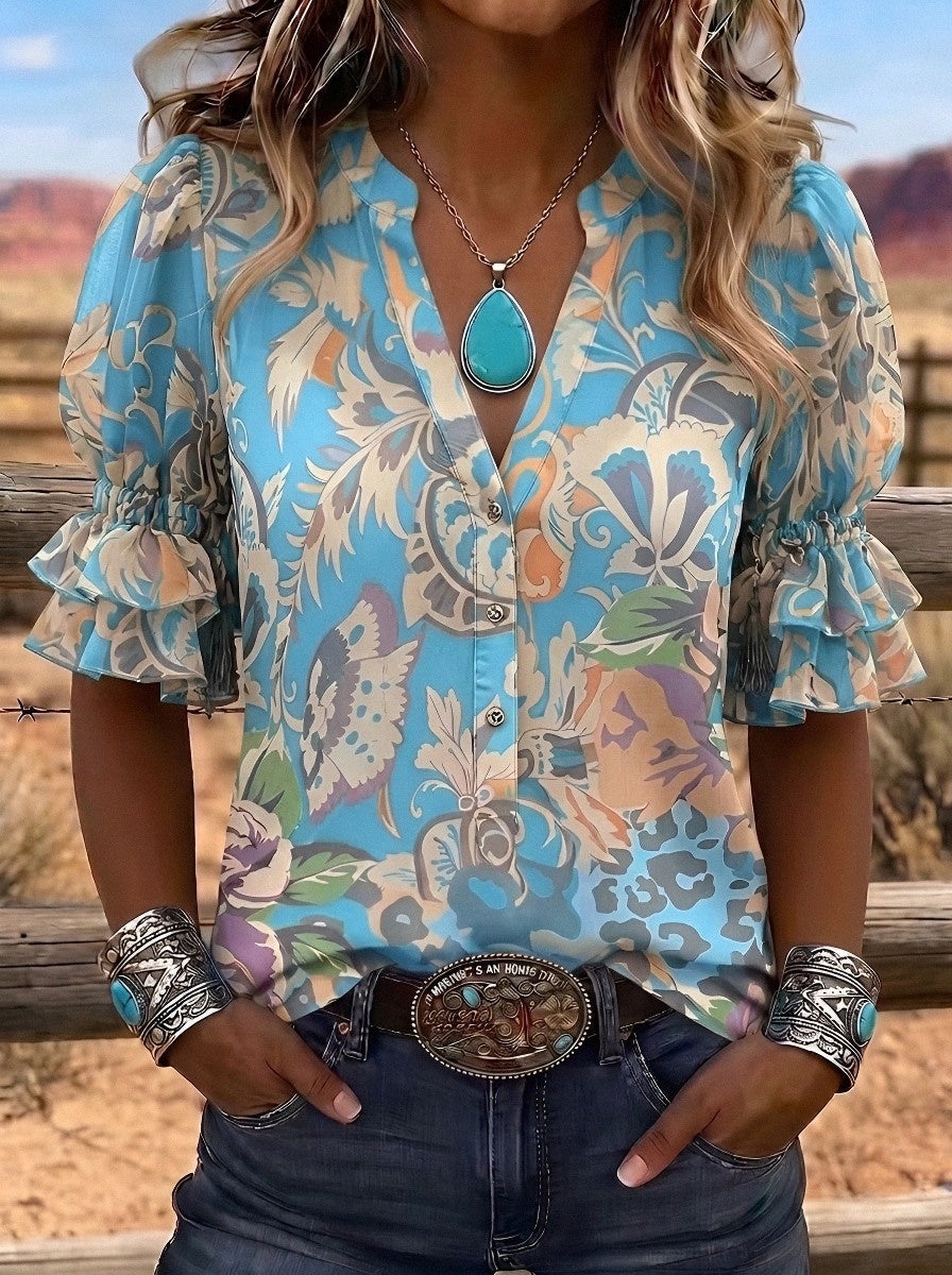 Women's Western Vintage Floral Paisley Printed Blouse