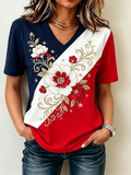 Women's America Flag Floral Print Casual V-Neck T-Shirt