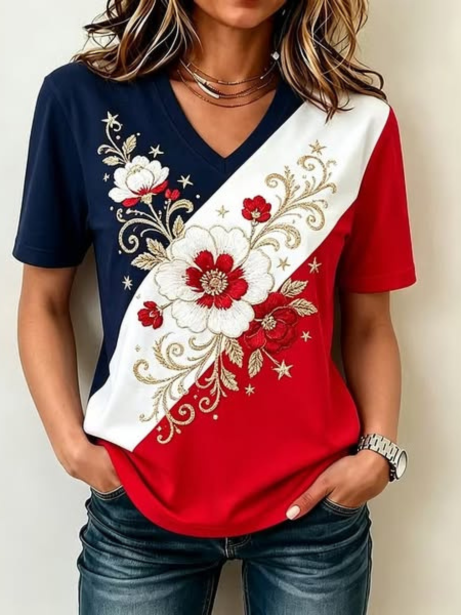 Women's America Flag Floral Print Casual V-Neck T-Shirt