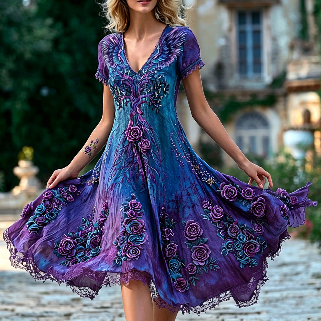 Women's Vintage Viking Style Dress With Tree Of Life, Wings, And Rose Embroidery Print.