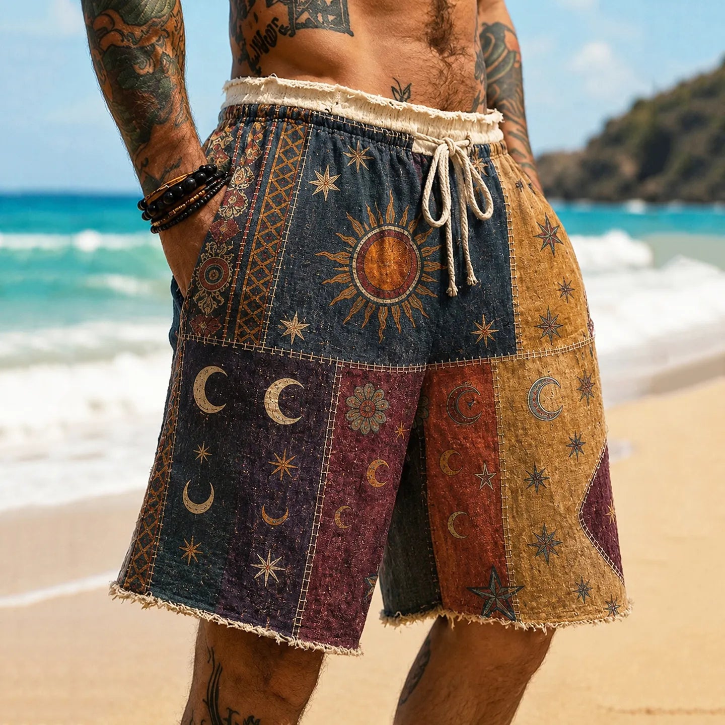 Men's Hippie Sun And Moon Element Patchwork Art Print Shorts
