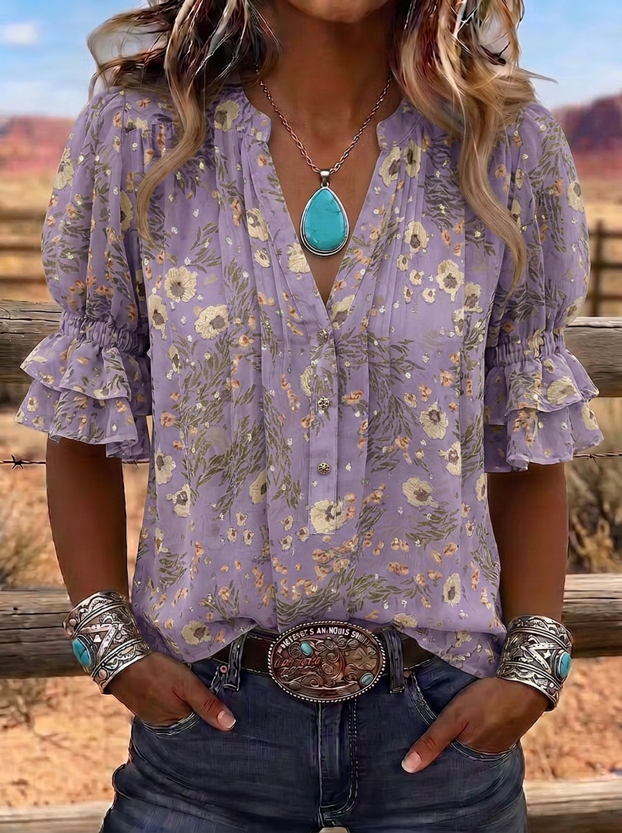 Women's Western Vintage Floral Ruffle Sleeve Printed Top