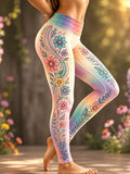 Women's Boho Floral Vine And Rainbow Gradient High-waist Yoga Leggings