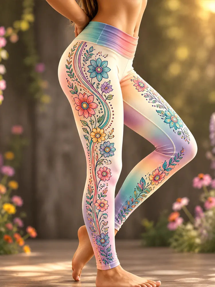 Women's Boho Floral Vine And Rainbow Gradient High-waist Yoga Leggings