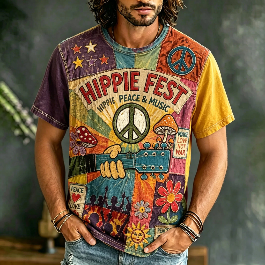Men's Retro Music Hippie Print Short-sleeve T-shirt