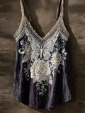 Butterfly Flower Lace Embroidery Patchwork Striped Design Women's Summer Linen Vest