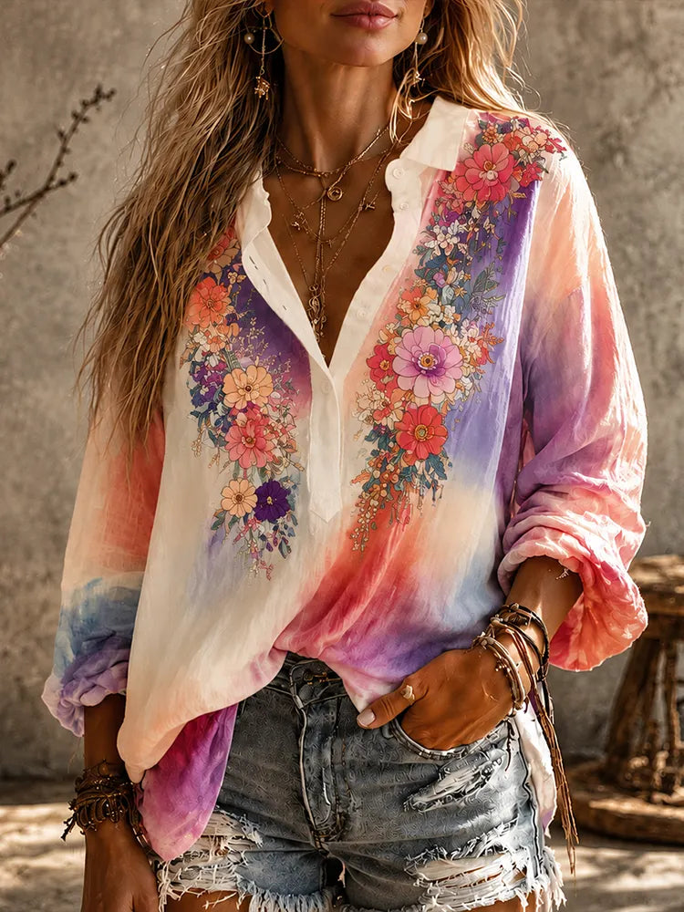 Women's Boho Tie-dye Floral 3d Embroidered V-neck Long-sleeve Blouse