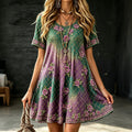 Women's Retro Vacation Floral Gradient Cotton Linen Round Neck Short Sleeve Dress