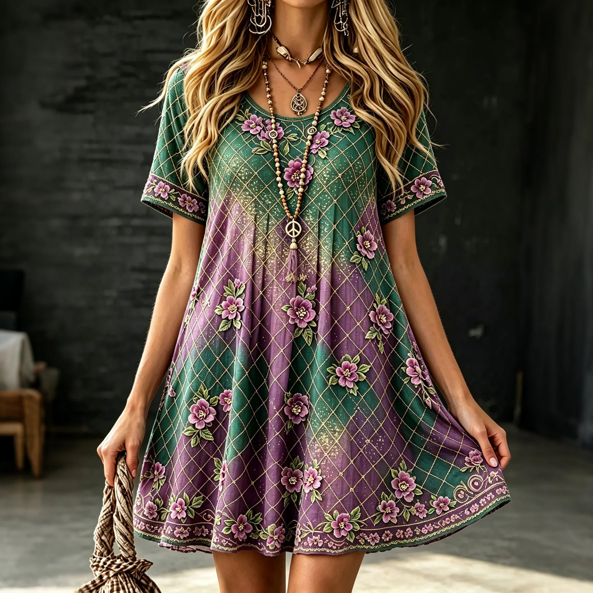 Women's Retro Vacation Floral Gradient Cotton Linen Round Neck Short Sleeve Dress