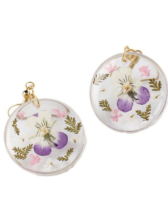 Purple Round Pansy Flower Design Earrings