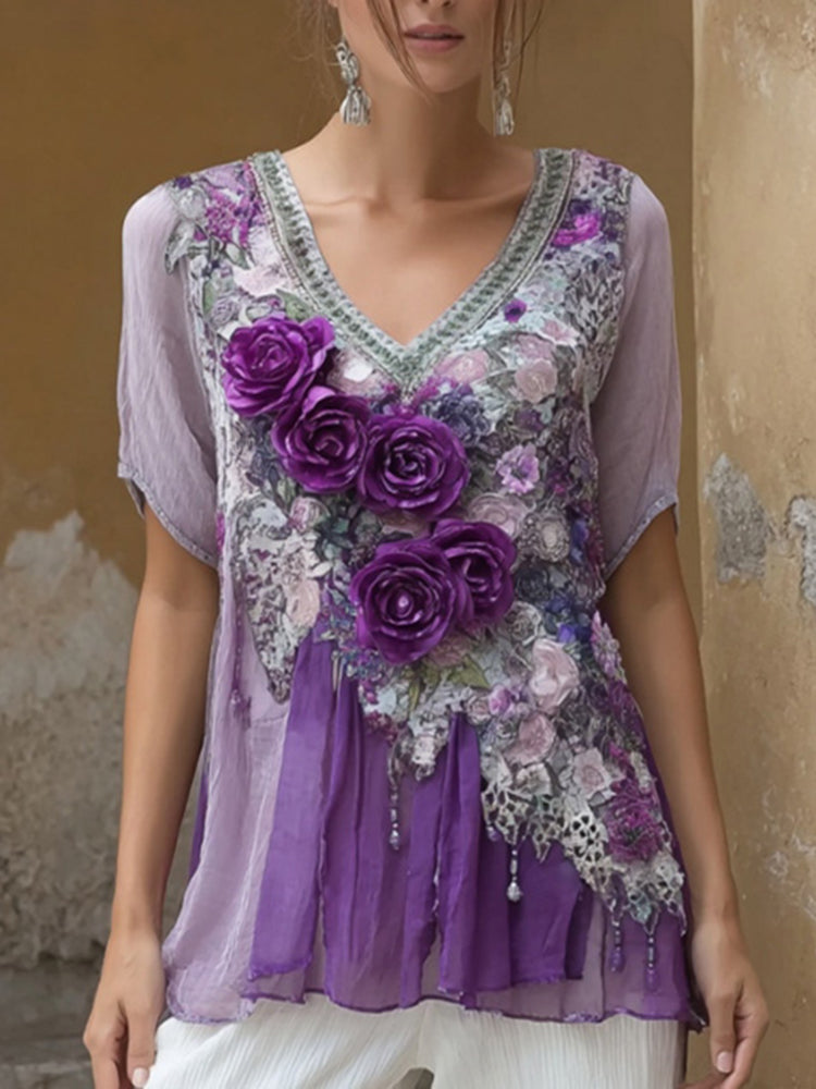 Women's Vintage Rose Embroidered Linen Blend T-shirt