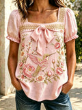 Women's Retro Retro Pink Bird Flowers Art Printed Casual Bow Shirt