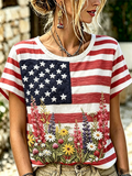Women's Casual Printed Cotton And Linen Round Neck Top