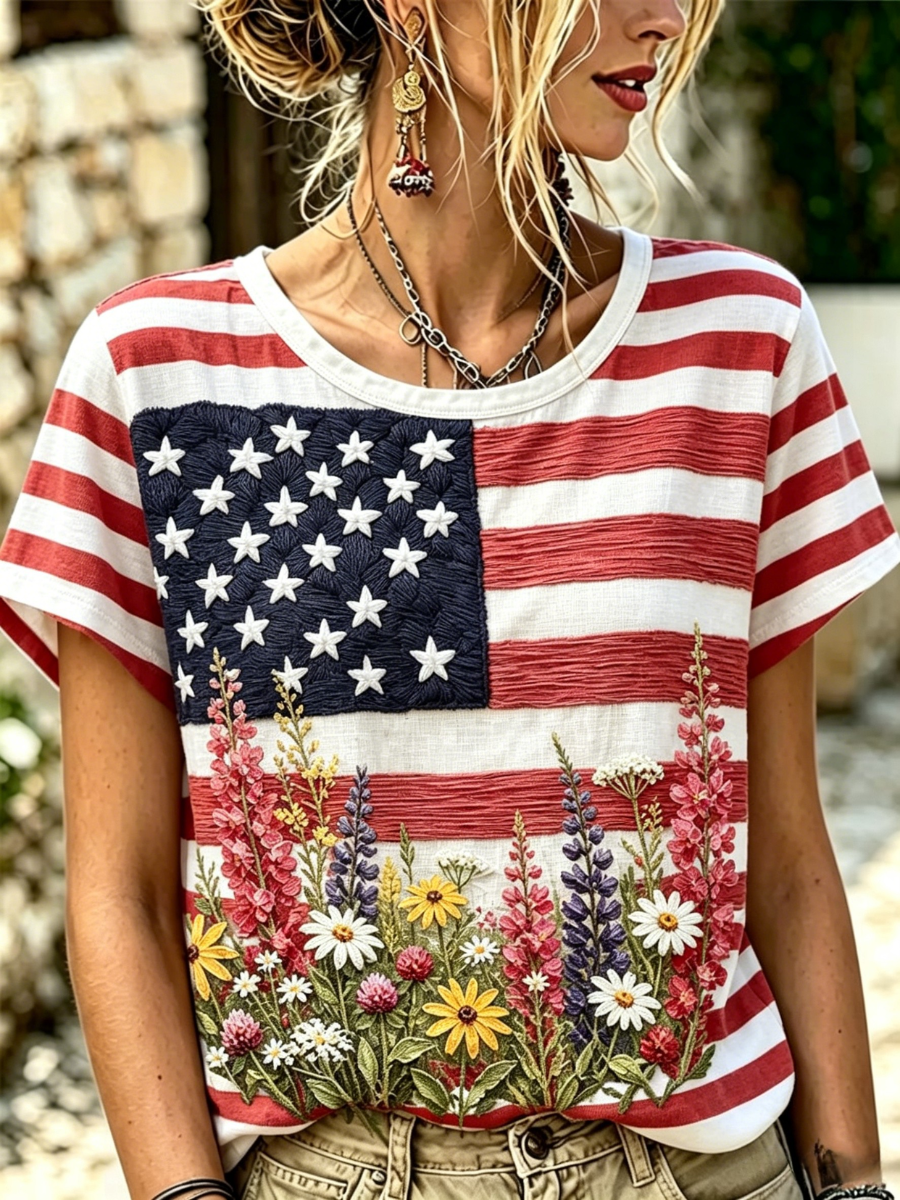 Women's Casual Printed Cotton And Linen Round Neck Top