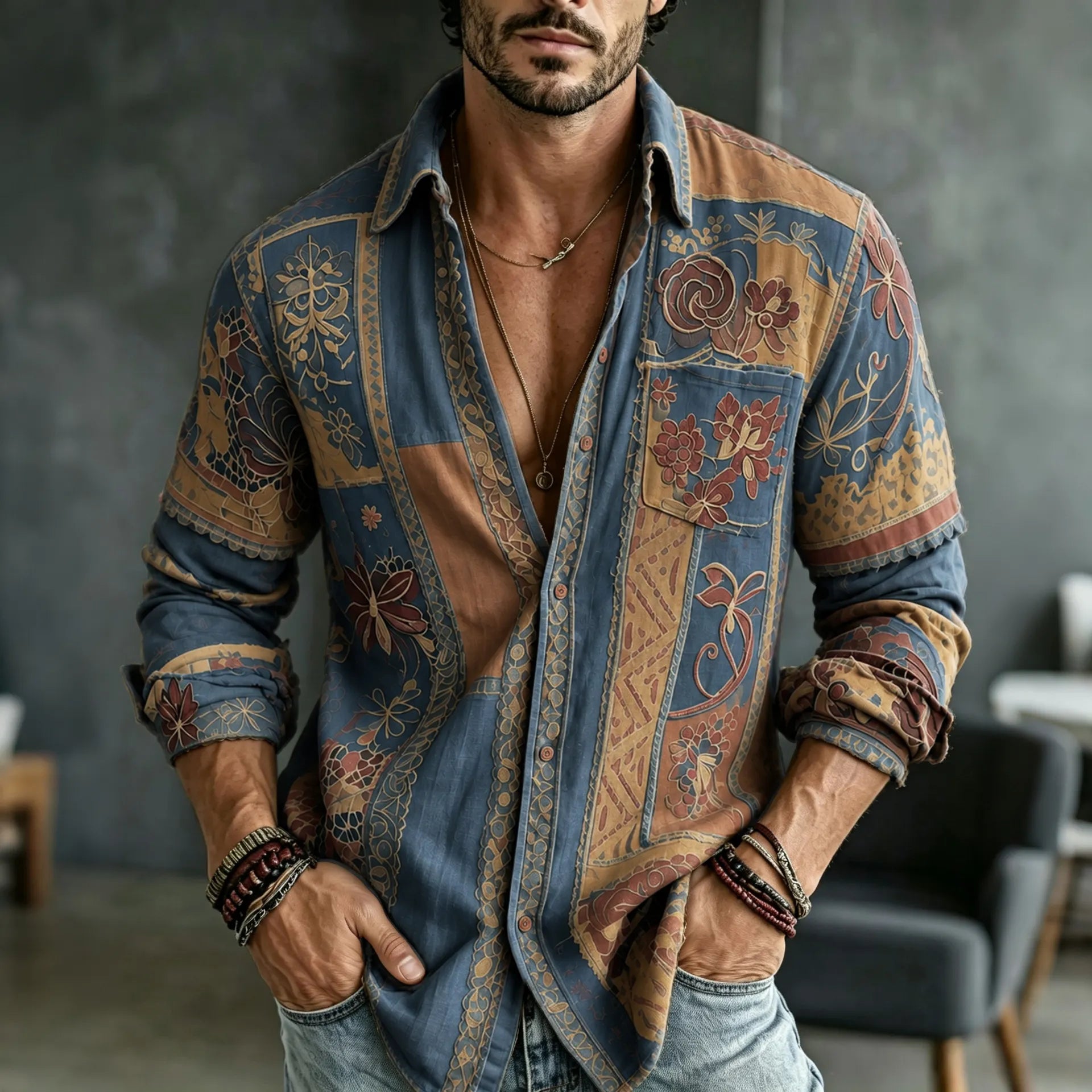 Men's Retro Floral  Patchwork Embroidered Art Print Flowy Linen Blend Casual Shirt