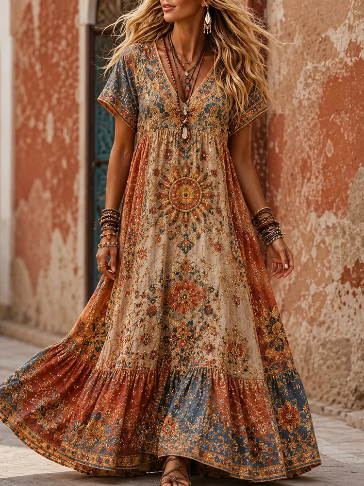 Women's Retro Boho Hippie Floral Embroidery Art V Neck Short Sleeve Maxi Dress