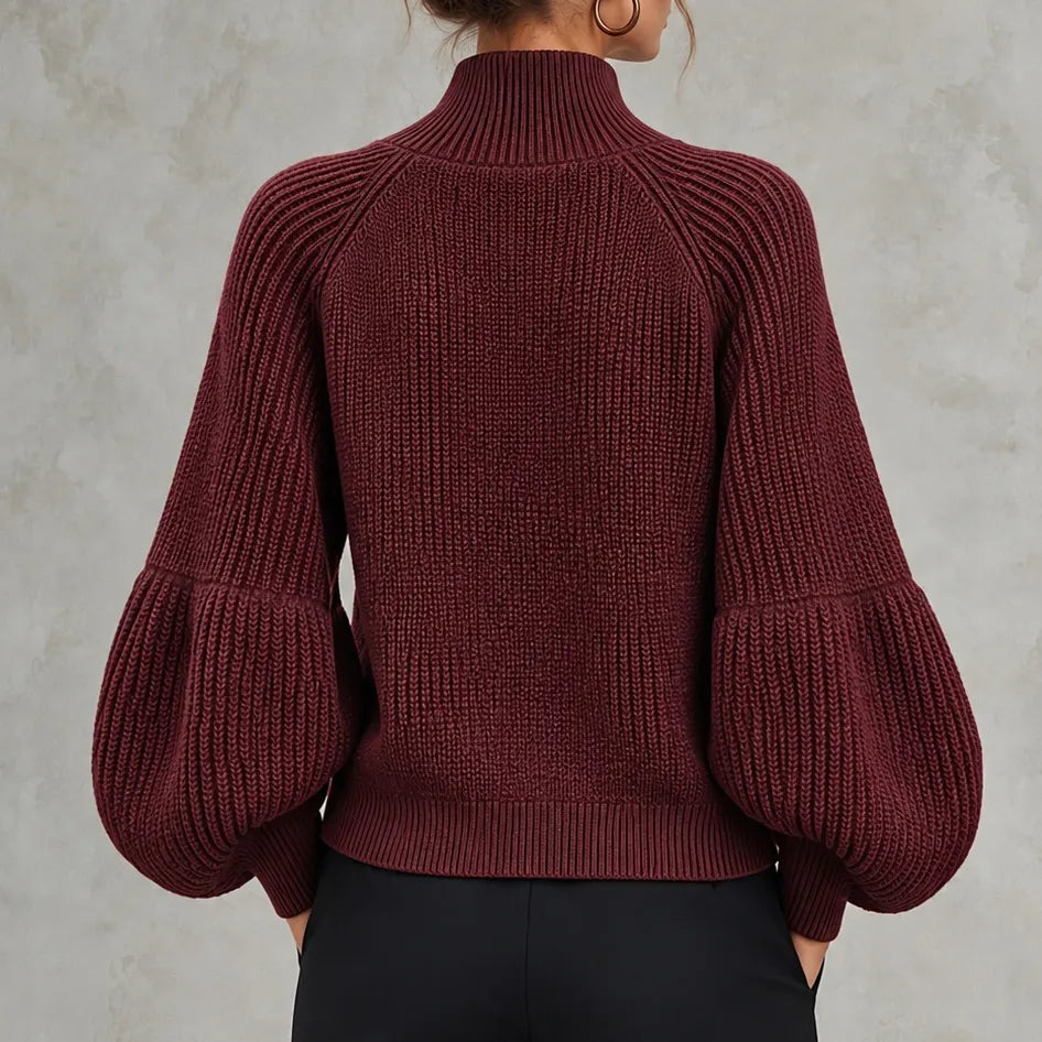 Elegant Cropped Zip-up Knit Cardigan With Lantern Sleeves