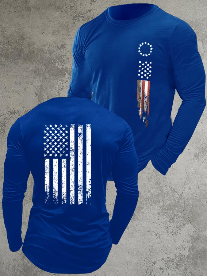 America Flag Pattern Long Sleeve 100% Cotton T-Shirt