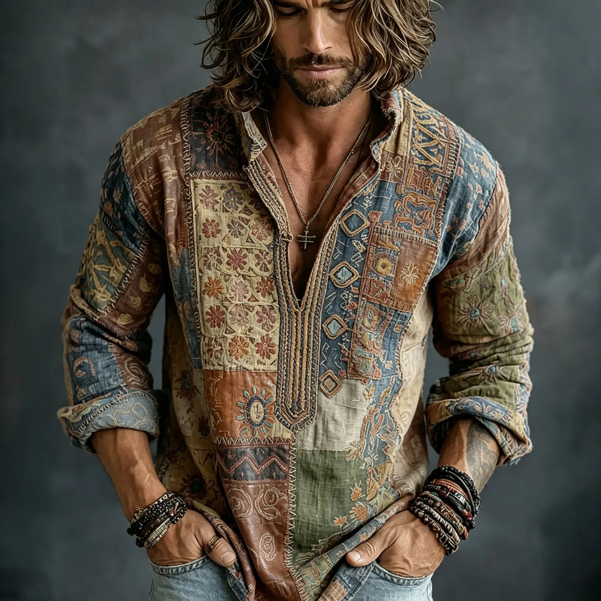 Men's Vintage Floral Patchwork Embroidered Art Print Flowy Linen Blend Casual Shirt