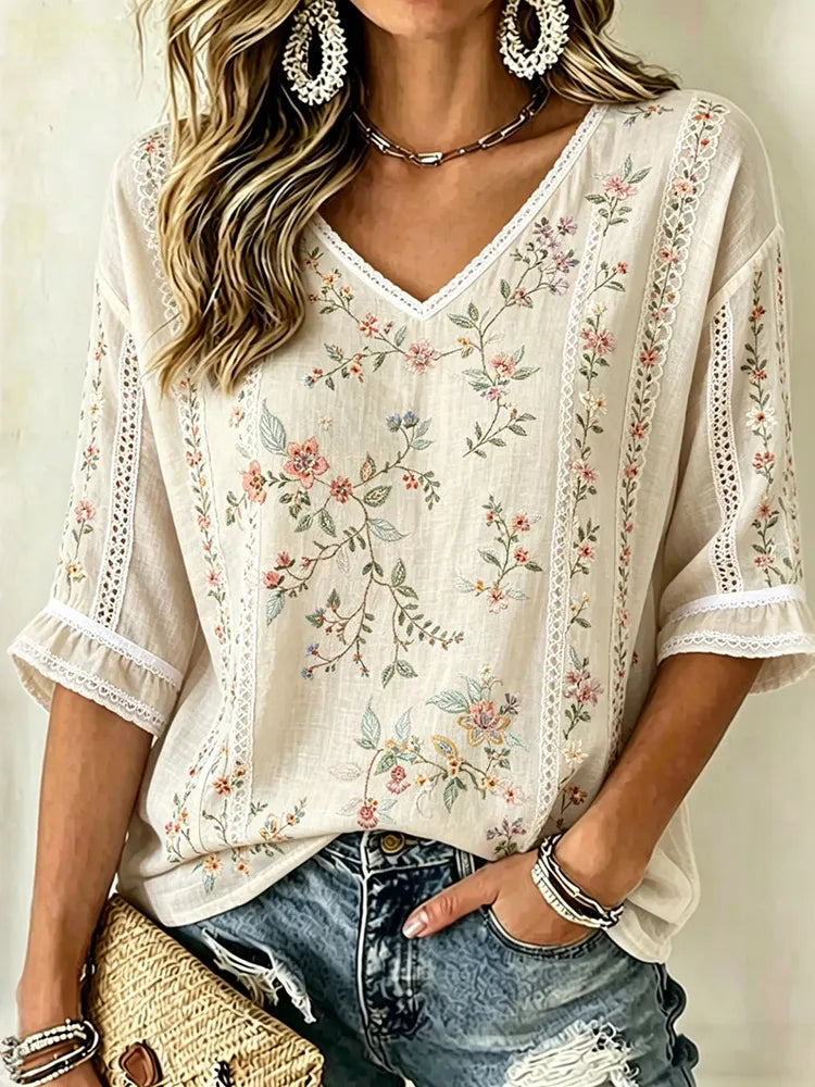 Women's Vintage Floral Art Flowy Three-quarter Sleeve Cotton Linen Top