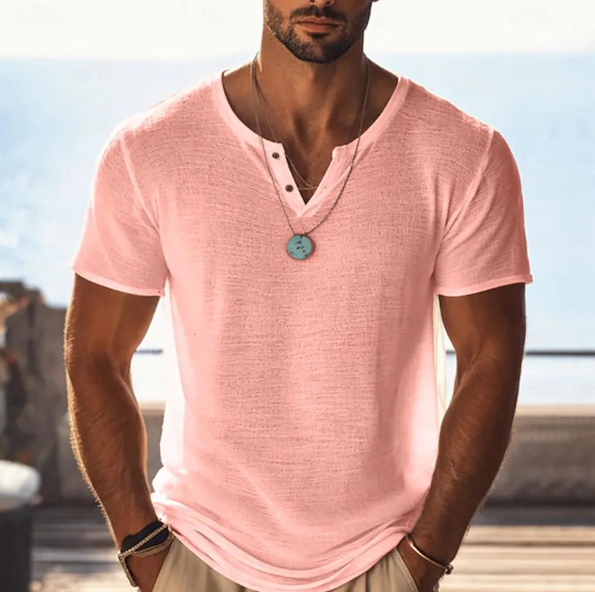Men's Cotton Linen  Short Sleeve V Neck  T-Shirt
