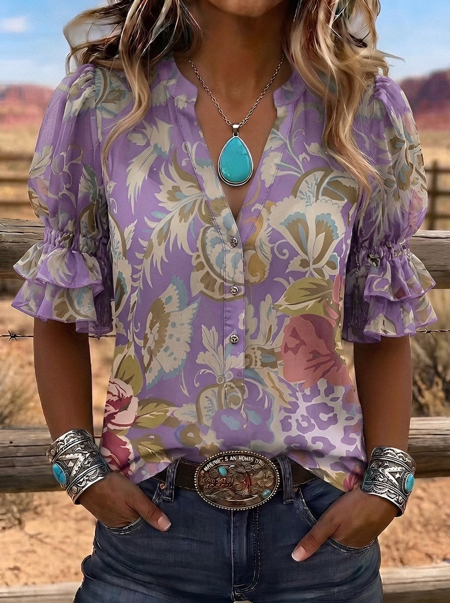 Women's Western Vintage Floral Paisley Printed Ruffle Sleeve Top