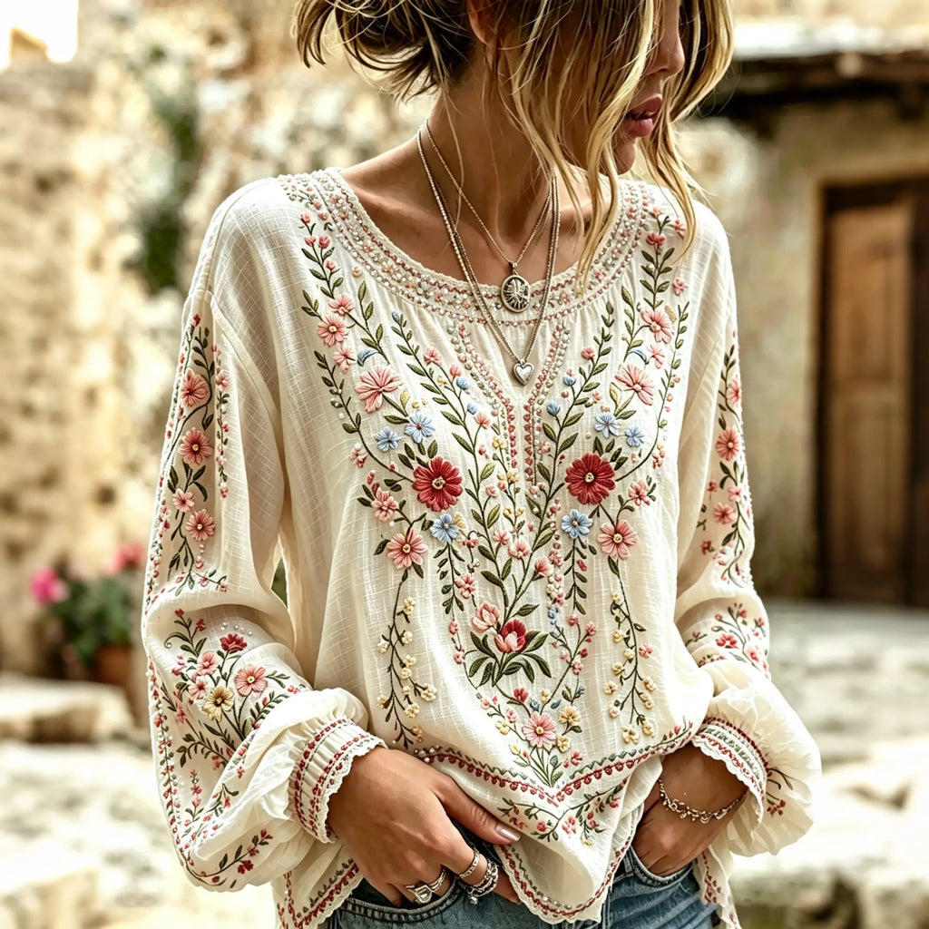 Women's Vintage Boho Floral Art Cotton Linen Casual Long Sleeve T-shirt