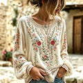 Women's Vintage Boho Floral Art Cotton Linen Casual Long Sleeve T-shirt