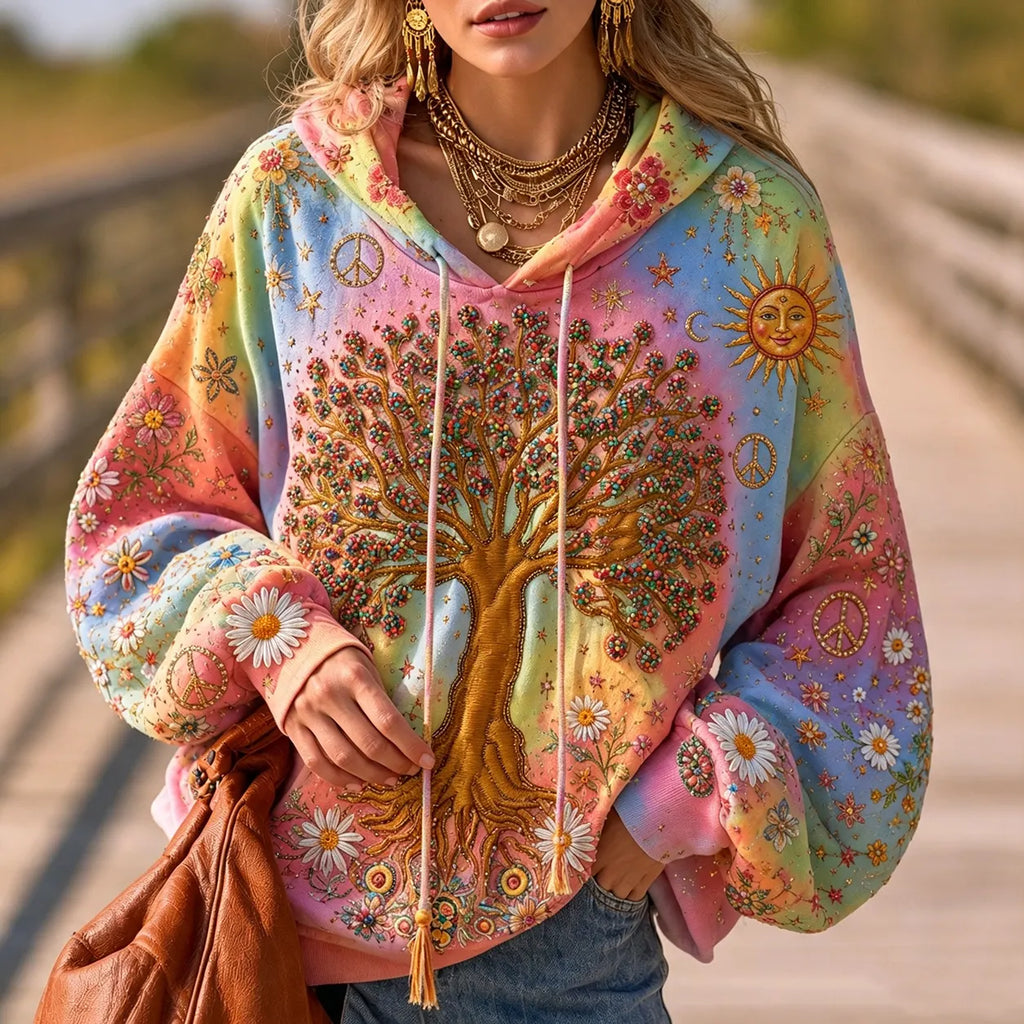 Women's Retro Hippie Floral And Tree Of Life Embroidered Gradient Hoodie