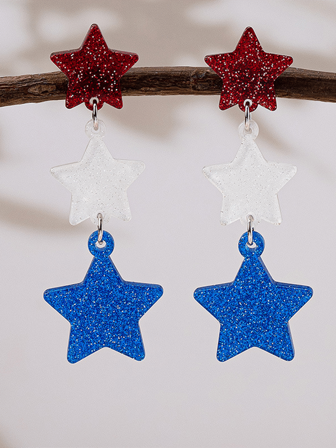 Independence Day Five-Pointed Star Three-Color Stitching Glitter Simple Earrings