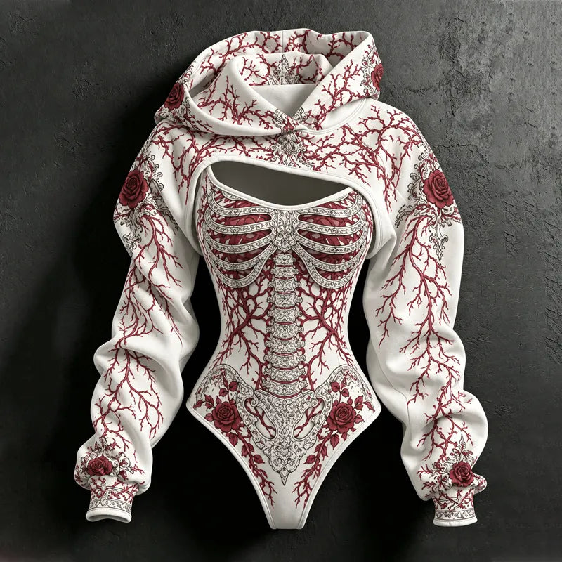 Women's Halloween Gothic Rose Skeleton Vein Print Hoodie Set Two-piece Outfit
