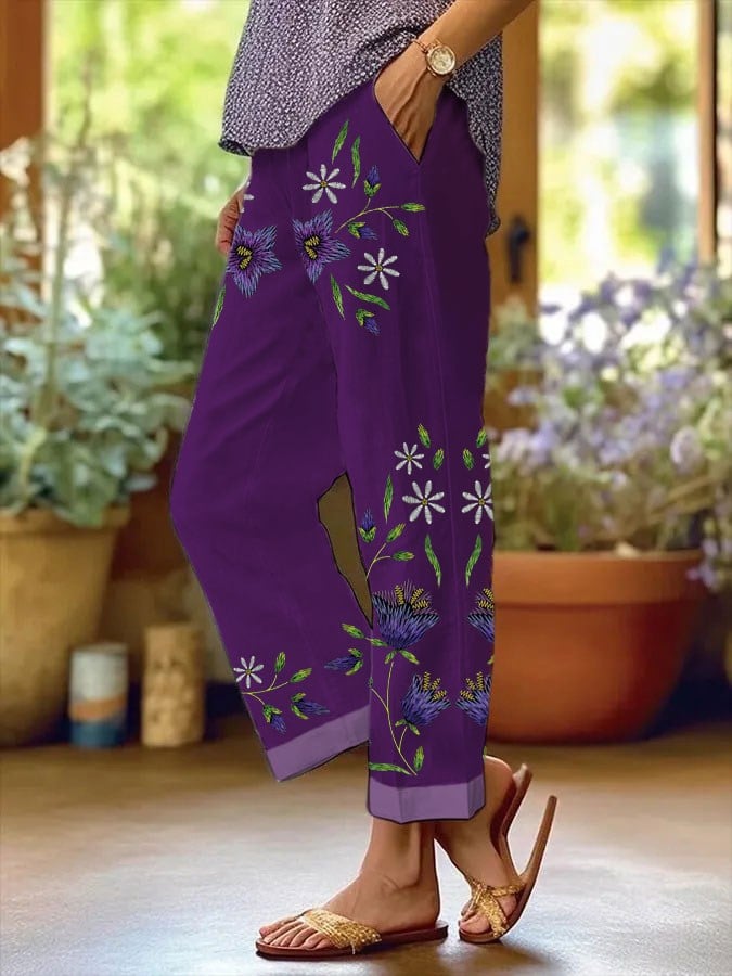 Women's Purple Floral Pansy Dementia Alzheimer's Disease Awareness Printed Cotton and Linen Casual Pants