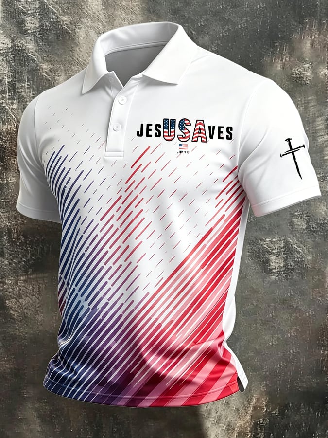 Men's Vintage FAITH & Cross Print Casual Polo Shirt