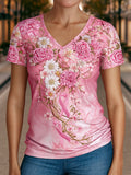 Women's Breast Cancer Awareness Floral Art V-Neck Short-Sleeve T-Shirt