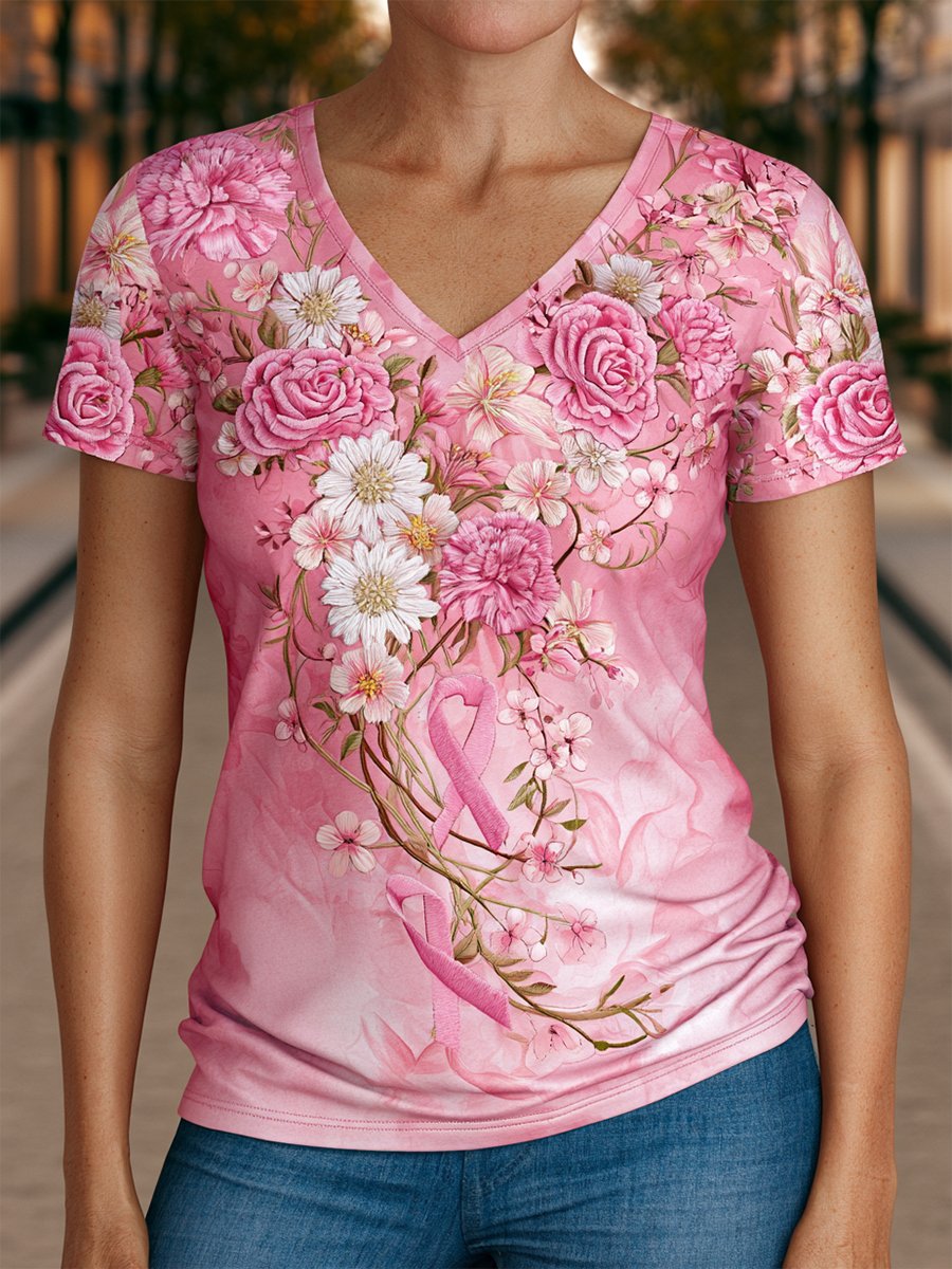 Women's Breast Cancer Awareness Floral Art V-Neck Short-Sleeve T-Shirt