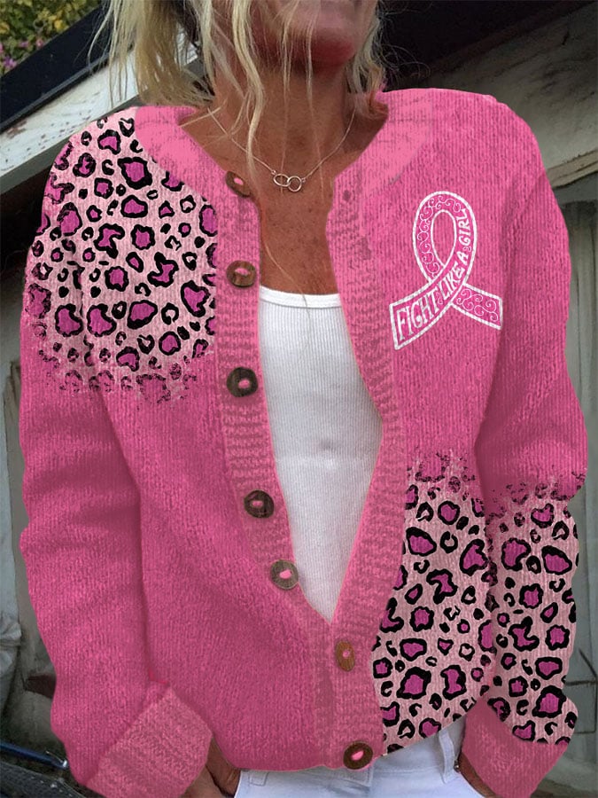 Women's Fight Like A Girl Breast Cancer Awareness Pink Yoke Comfortable Knitted Cardigan