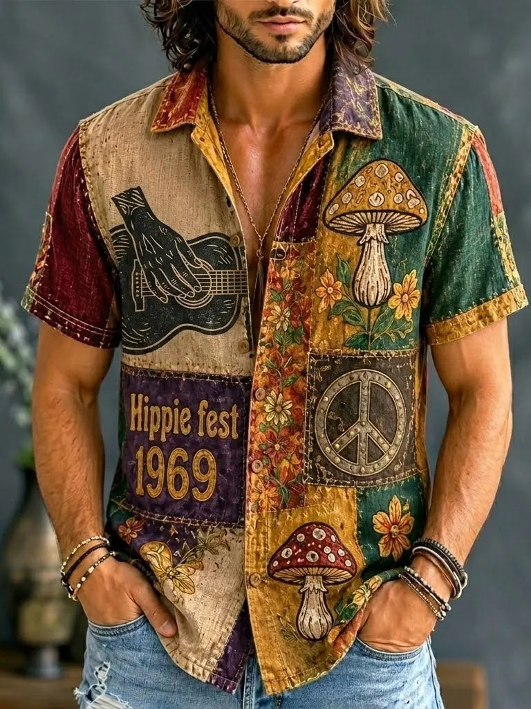 Men's Hippie Peace Love Music Patchwork Print Short Sleeve Shirt