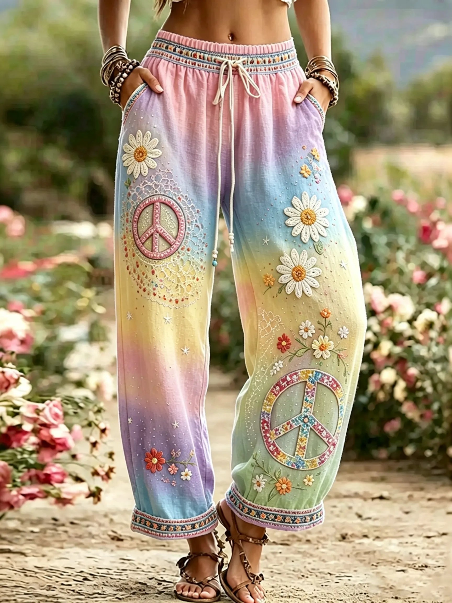 Women's Hippie Vintage Hippie Floral Art Cotton Linen Casual Pants