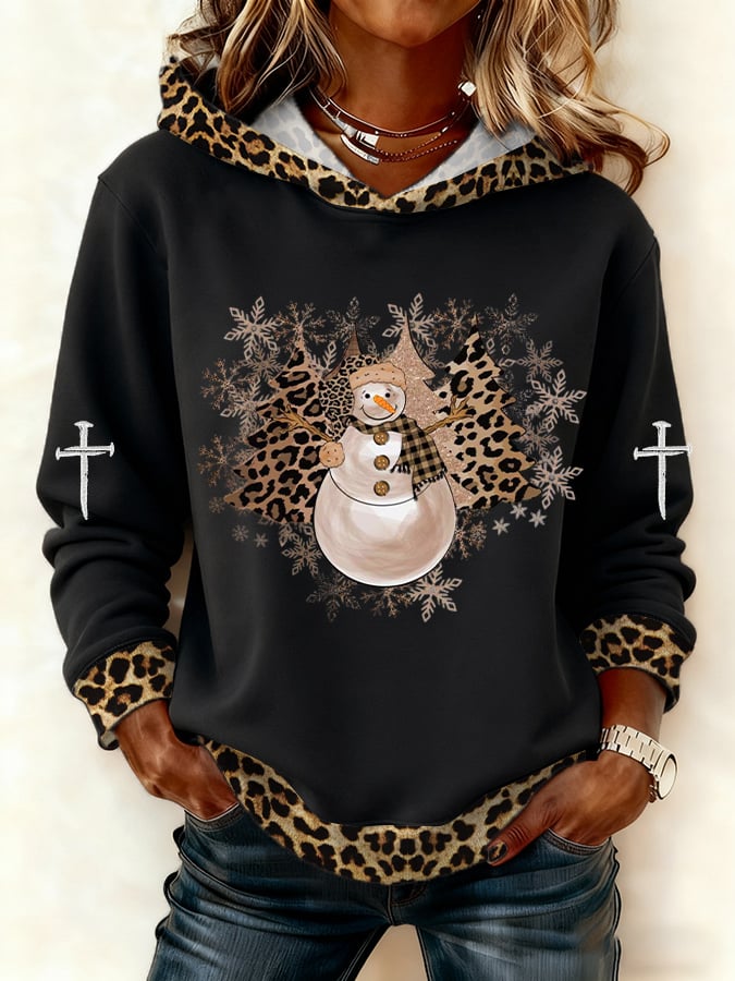 Women's Casual Leopard Print Snowman Hoodie