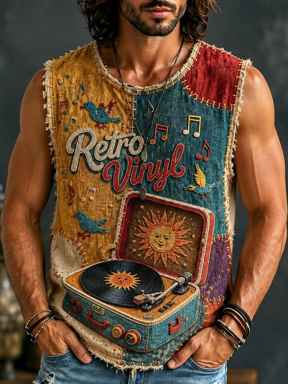 Men's Hippie Sun Face Record Peace Art Print Tank Top