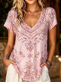 Women's Casual Retro Short-Sleeve Top with Floral Breast Cancer Awareness Print