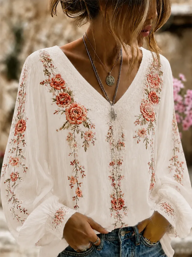 Women's Floral Bohemian Resort Cotton Linen Long-sleeved V-neck Top