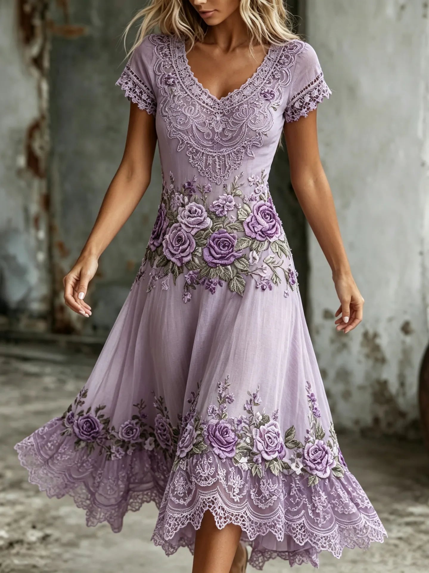 Women's Retro Purple Rose Embroidery Art V Neck Short Sleeve Midi Dress