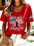 Women's Casual American 250 Celebration Printed V-Neck T-Shirt